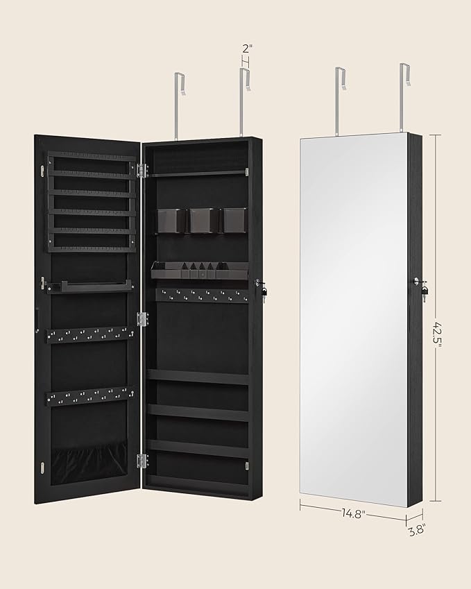 SONGMICS Mirror Jewelry Cabinet Armoire, Wall or Door Mounted Jewelry Storage, Hanging Lockable Frameless with 2 Plastic Cosmetic Organizers, Gift Idea, Black UJJC001B01