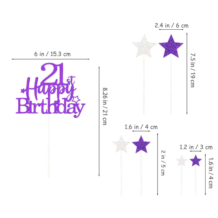 Purple Silver 21st Birthday Cake Topper with Glittery Stars (7 Count)