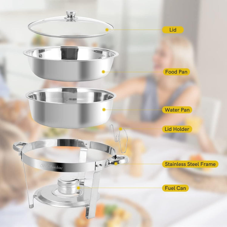 Chafing Dish Buffet Set 4 Packs, 5 QT Stainless Steel Round Chafing Dishes with Glass Lid & Lid Holder, Food Warmer for Parties Buffet Weddings Catering Events