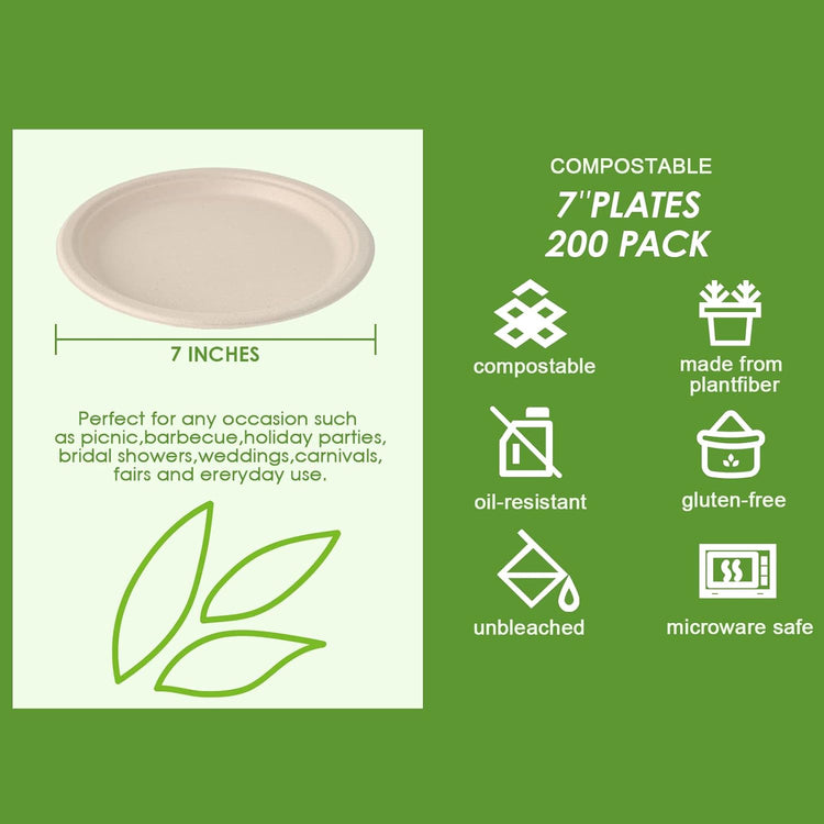 Vplus 200 Pack Paper Plates 7 inch 100% Compostable, Heavy-Duty Disposable Paper Plates Bagasse Natural Biodegradable Eco-Friendly Sugarcane