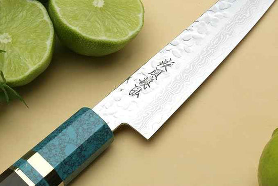 Yoshihiro VG-10 46 Layers Hammered Damascus Petty Utility Japanese Chef Knife Octagonal Turquoise Blue Handle (6'' (150mm))