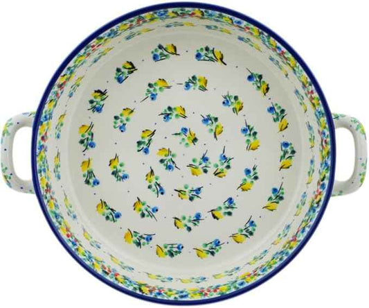 Polmedia Polish Pottery Round Baker with Handles 10-inch UNIKAT - Blueberry Season Pattern Handmade in Boleslawiec Poland by Ceramika Artystyczna + Certificate of Authenticity