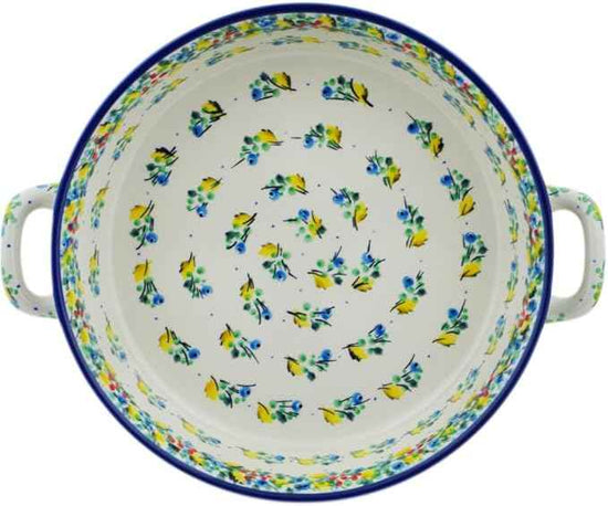 Polmedia Polish Pottery Round Baker with Handles 10-inch UNIKAT - Blueberry Season Pattern Handmade in Boleslawiec Poland by Ceramika Artystyczna + Certificate of Authenticity