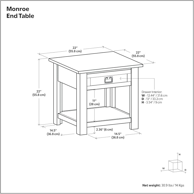 SIMPLIHOME Monroe End Table - 22 inch Wide Solid Acacia Wood Side Table in Rustic Natural Aged Brown, Farmhouse Accent Table for Living Room or Bedroom with Drawer and Shelf