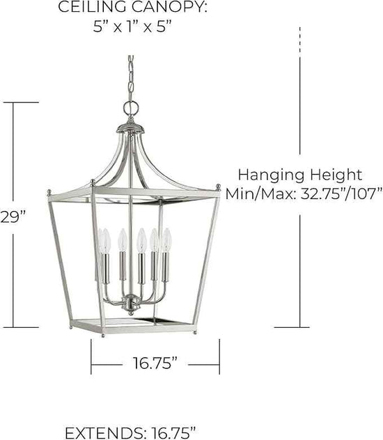 Capital Lighting 9552PN Stanton Geometric Metal Open Frame Lantern Foyer Pendant, 6-Light 360 Total Watts, 29" H x 17" W, Polished Nickel