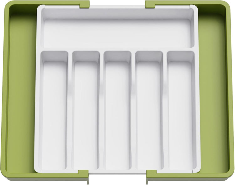 Lifewit Silverware Drawer Organizer, Expandable Utensil Tray for Kitchen, BPA Free Flatware and Cutlery Holder, Adjustable Plastic Storage for Spoons Forks Knives, Large, Green&White
