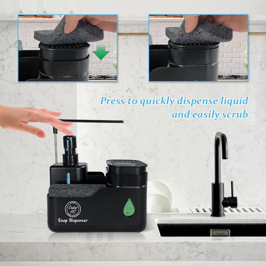 Kitchen Hand and Dish Soap Dispenser Set (Black) – Dual Pump Bottles with Sponge Caddy, Brush Holder, Towel Bar & Drain Rack – Space-Saving Countertop Organizer for Sink & Bathroom