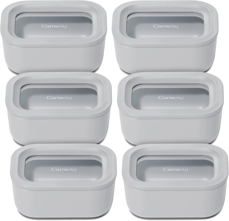 Caraway 6pc Glass Food Storage Set - 2.6 Cup Storage Containers For Food (6) - Non-Toxic Ceramic-Coated Glass - Air Release Technology - Compact & Stackable Design - Gray