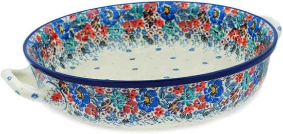 Polmedia Polish Pottery Round Baker with Handles 10-inch UNIKAT - Autumn Bunch Pattern Handmade in Boleslawiec Poland by Ceramika Artystyczna + Certificate of Authenticity