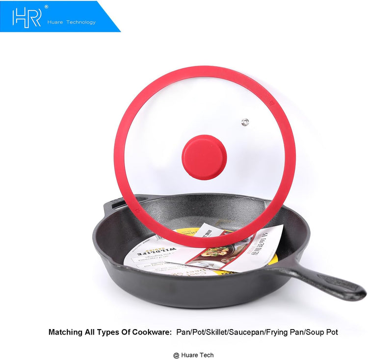 Silicon Glass Lid for Pot,Pan,Skillet Fits 11"(28CM) Cookware Silicon lid Dishwasher Safe, Replacement Lid Vented Tempered Glass with Heat Resistant Silicone Rim By HR Huare Technology, Red,1 Pack