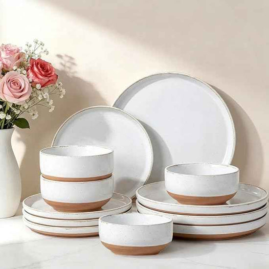 AmorArc Ceramic Dinnerware Sets for 4, 12 Pieces Handpainted Plates and Bowls Set with Rustic Terracotta Underside, Scratch Resistant Stoneware Dishes Set, Dishwasher & Microwave Safe, White