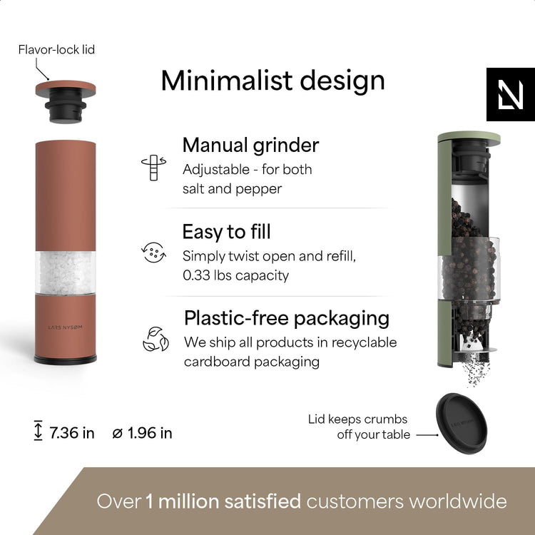 LARS NYSØM Salt and Pepper Grinder Set Manual, Stainless Steel Salt and Pepper Mills with Adjustable Ceramic Grinder I Design Spice Shakers (Red/Green)