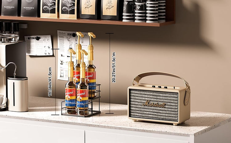 4 Bottle Capacity Coffee Syrup Organizer 2 Tier Coffee Syrup Stand Shelf for Coffee Bar Kitchen Small Wine Rack for Bar Family Storage for Syrup Wine Dressing