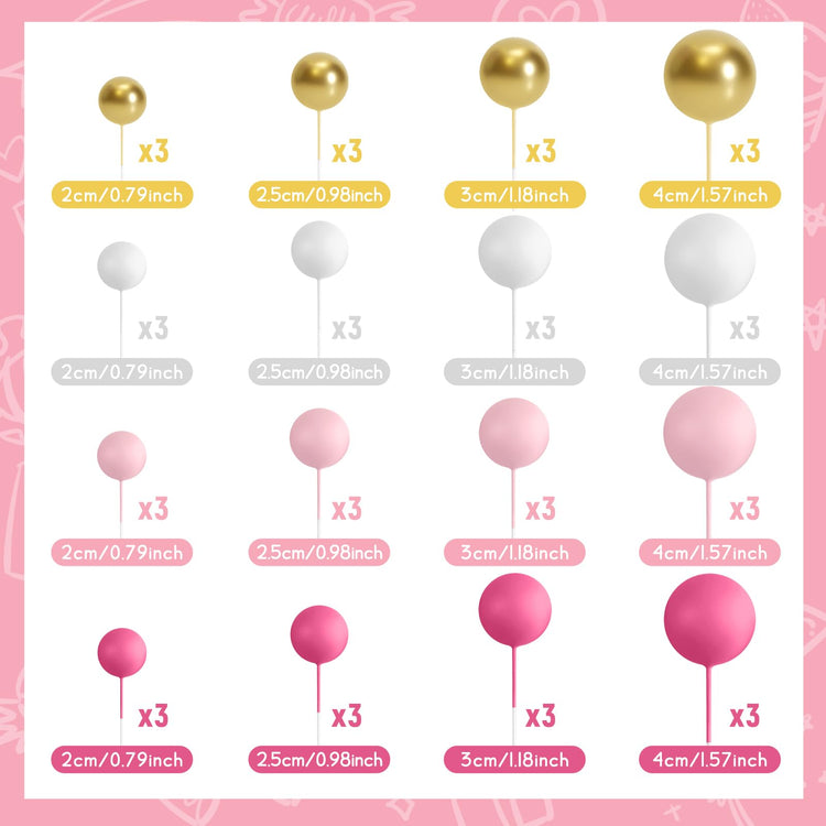 48 Pcs Balls Cake Topper Decorations Balloon Cupcake Toppers Foam Cake Topper Balls Cake Balls Decorations for Birthday Party Wedding Anniversary Cake Decorating (48 Count)