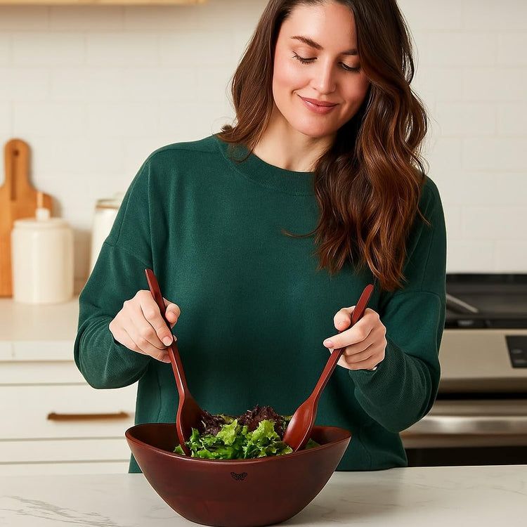 Large Wooden Salad Bowl Set with 2 Serving Utensils (3 Count)
