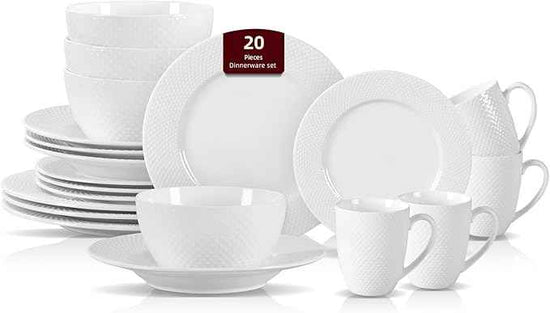 HomeVss, New Bone China Dinnerware Set, Embossed Rain Drops Design, 20pc Set