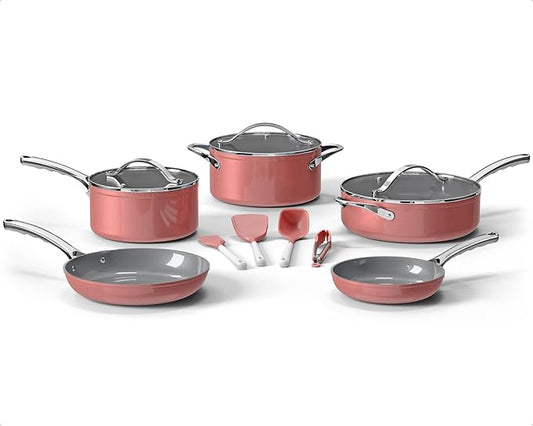 Bakken 12-Piece Aluminum Cookware Set with Ceramic Nonstick Coating, PTFE & PFAS Free, All Stovetop Safe Up To 500°F, Pots and Pans Set with Lids, Silicone Utensils Included, Dishwasher Safe, Pink