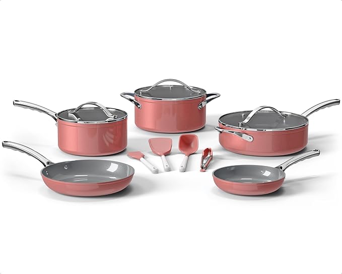 Bakken 12-Piece Aluminum Cookware Set with Ceramic Nonstick Coating, PTFE & PFAS Free, All Stovetop Safe Up To 500°F, Pots and Pans Set with Lids, Silicone Utensils Included, Dishwasher Safe, Pink