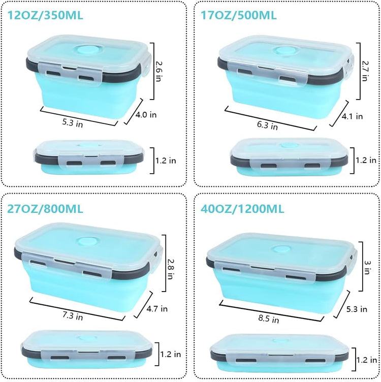 Set of 4 Collapsible Foldable Silicone Food Storage Containers,Ktichen Collapsible Storage Bowls with Airtight Plastic Lids for Leftover, Silicone Lunch Box-Microwave,Dishwasher,Freezer Safe