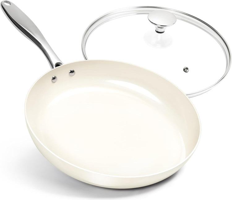 MICHELANGELO 12 Inch Frying Pan with Lid, Large Nonstick Skillet with Ergonomic Handle, Non-Toxic Ceramic Fry Pan, Oven-Safe, White