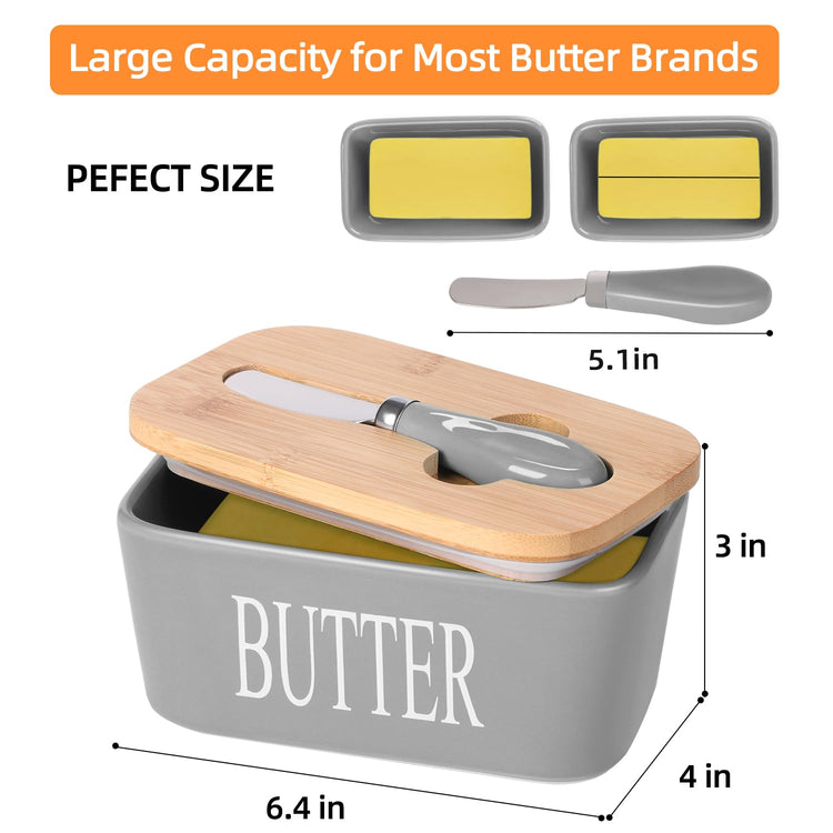 Ceramic Butter Dish with Bamboo Lid and Stainless Steel Knife Spreader Grey