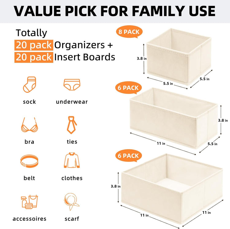 Criusia Drawer Organizer Clothes, 20 Pack Dresser Organizer Bins for Nursery Bedroom, Closet Organization and Storage Dividers for Clothing, Baby Clothes, Underwears, Socks (Beige)