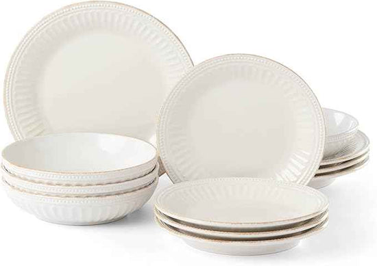 Lenox 891196 French Perle Groove White 12-Piece Pasta Bowl Dinnerware Set, Service For 4