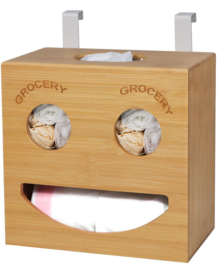 2-in-1 Trash Bag Dispenser & Grocery Bag Holder with Cute Smiley Face Design, Bamboo Organizer for Cabinet Door & Wall Mount, Decorative Waste Bag Storage for Standard Rolls, Not for XL Rolls