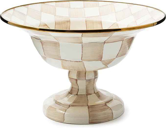 MACKENZIE-CHILDS Enamel Compote, Cute Enamel Pedestal Serving Dish or Decorative Bowl, Large, Brown-and-White Mocha Check