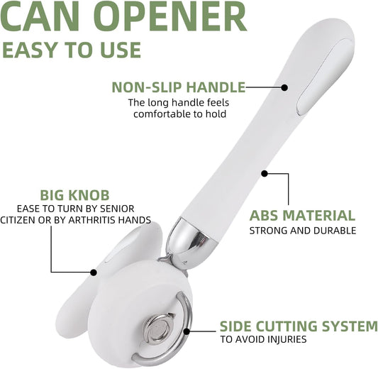 Can Opener Manual Tin Opener Stainless Steel Heavy Duty, Oversized Hand-held Easy Rotary Knob, Safe Cut Manual Can Opener with Non-Slip Handle, Smoother Cut Sharp Blade for Seniors Kitchen Tool, White
