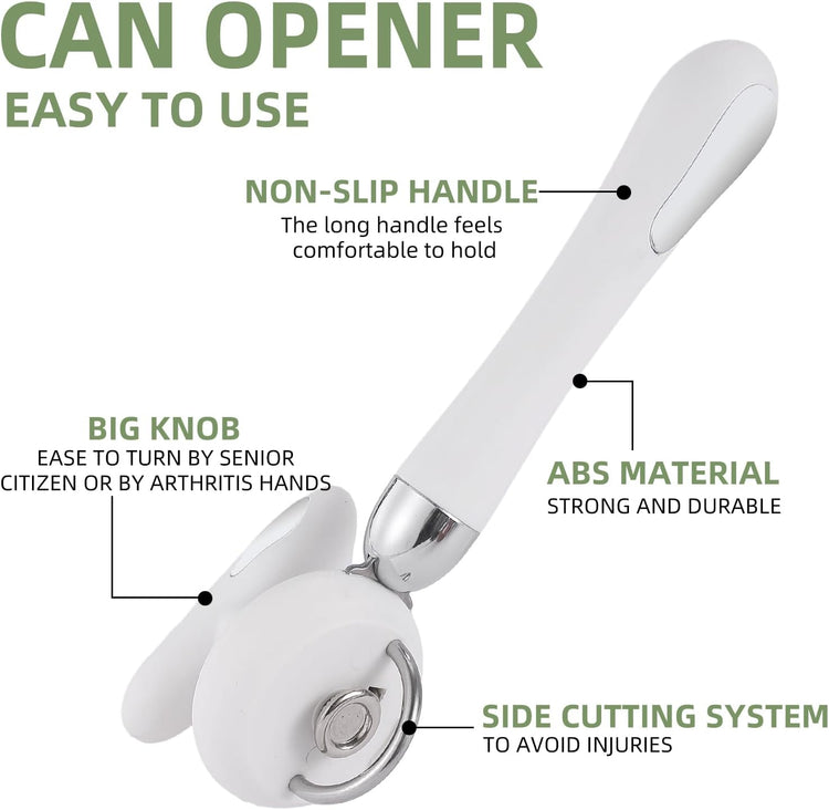 Can Opener Manual Tin Opener Stainless Steel Heavy Duty, Oversized Hand-held Easy Rotary Knob, Safe Cut Manual Can Opener with Non-Slip Handle, Smoother Cut Sharp Blade for Seniors Kitchen Tool, White