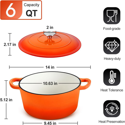 P&P CHEF 6QT Enameled Dutch Oven, Cast Iron Dutch Oven Pot with Lid for Bread Baking, Enameled Casserole Pot for Roasting Braising Stewing Frying Simmering, Various Stoves & Easy Clean, Orange - Nestoria