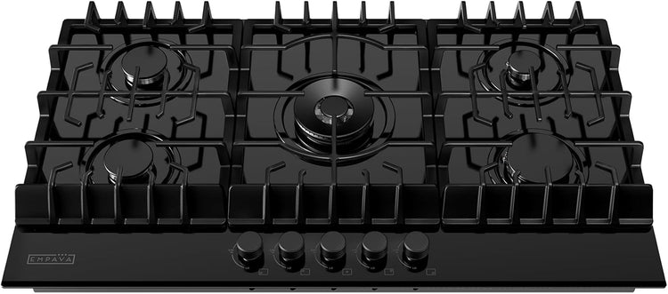 Empava 36" Gas Stove Cooktop NG/LPG Convertible with 5 Italy Sabaf Sealed Burners in Black Tempered Glass, 36 Inch