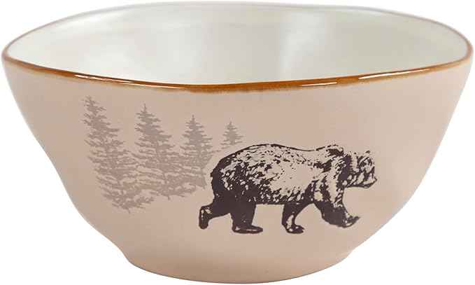Paseo Road White Pine 16 Piece Ceramic Dinnerware Set, Pine Tree Bear Deer Moose Fox Print, Modern Rustic Cabin Lodge Dish Set with Plates, Bowls, Mugs