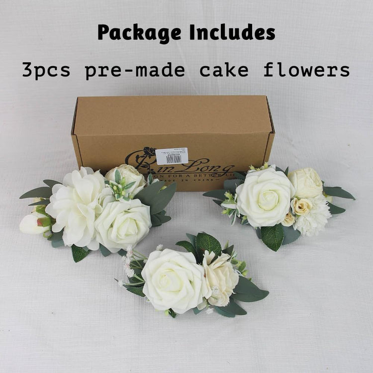 3Pcs Pre made Cake Flowers Toppers White Green Cake Decorations Wedding Cake Decorating Flowers Decor Birthday Baptism Party Cake Topper (3 Count)