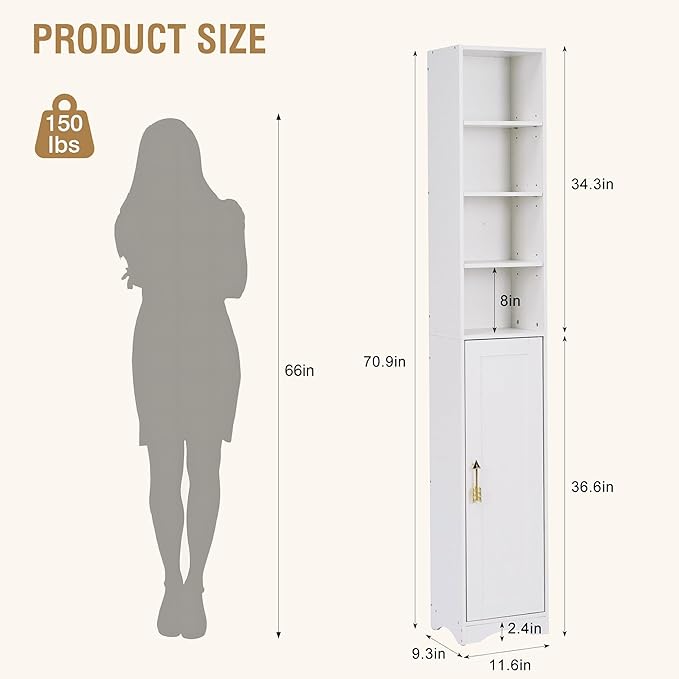 VECELO 71 Inch Tall Storage Cabinet - 6 Adjustable Shelves, Bottom Enclosed Storage, Elevated Moisture-Proof Base, Organizer for Bathroom Kitchen Pantry-White
