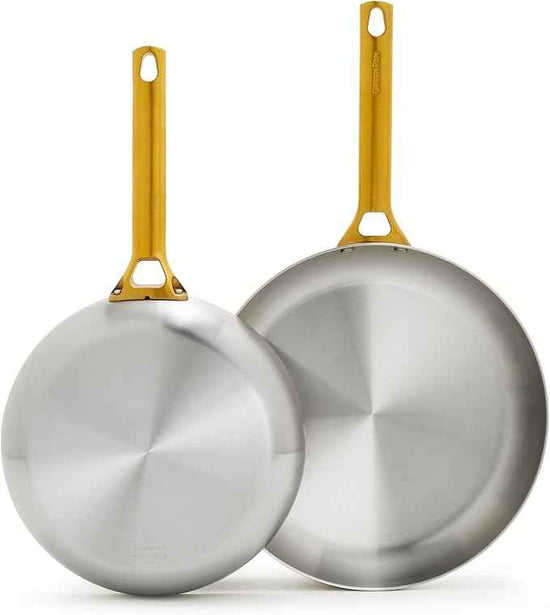 GreenPan Stainless Steel Tri-Ply Reserve 10” and 12” Frying Pan Skillet Set, Multiclad Cookware, Induction, Oven & Broiler Safe to 600°F, Heat Responsive Core, Dishwasher Safe, Gold Handles