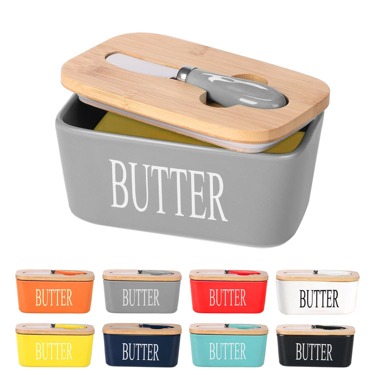 Ceramic Butter Dish with Bamboo Lid and Stainless Steel Knife Spreader Grey