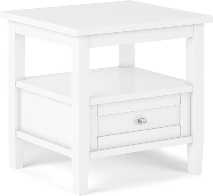 SIMPLIHOME Warm Shaker End Table - 20 inch Wide Solid Wood Side Table in White, Transitional Accent Table for Living Room or Bedroom with Drawer, Open Shelf and Square Tapered Legs