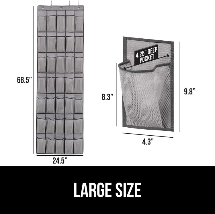 GORILLA GRIP Over the Door Shoe Organizer, 35 Large Breathable Mesh Pockets, Space Saving Hanging Storage Holder, 5 Hook Closet Rack Hanger, Hangs on Closets for Shoes, Accessories 68.5H x 24.5W Gray