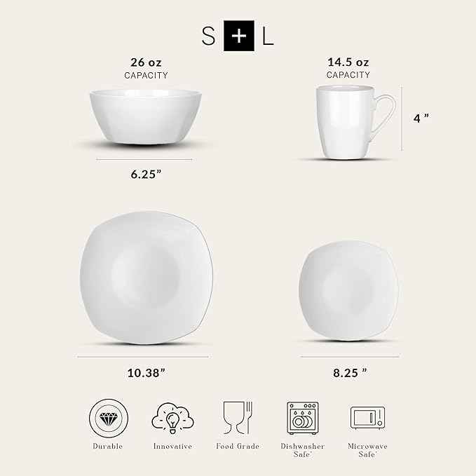 Stone Lain Bone China Soft Square 16 Piece Dinnerware Set, White