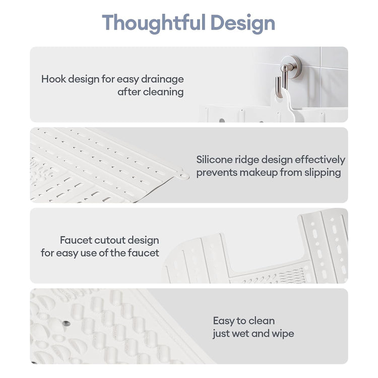 IeBilif Bathroom Sink Cover for Counter Space, Foldable Sink Covers, Makeup Organizer Mat Space Saver with Hanging Loop, Silicone Makeup Brush Cleaner Mat for Bathroom(White)