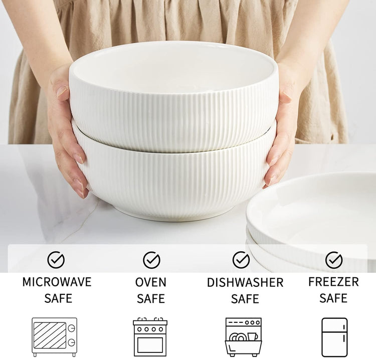 getstar Salad Bowl, 8 inch 60 oz Large Serving 2 Packs Ceramic Bowl Set, Microwave & Freezer Safe, Bowl Set of 2 For Fruit Soup Pasta Popcorn (White)
