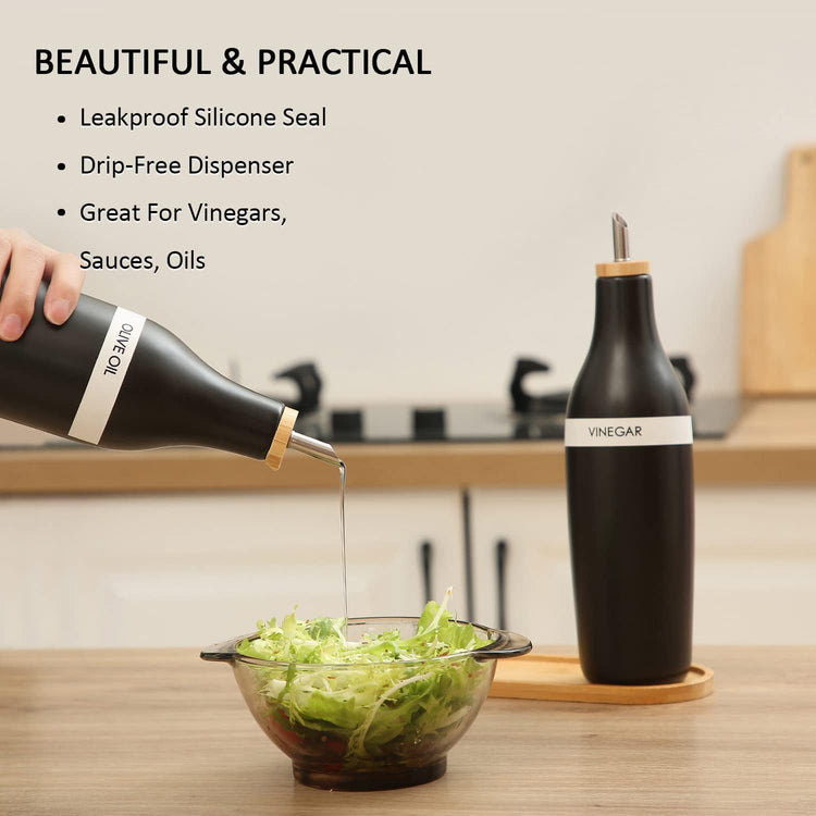 HOMCDALY Olive Oil and Vinegar Dispenser Set, Two 16oz Ceramic Oil Dispenser for Kitchen, Kitchen Dispenser Bottle for EVOO Vinegar Syrups, Modern Farmhouse Design| Set of 2 – Black