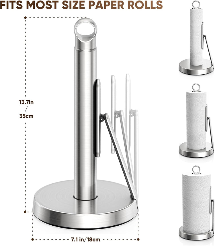 theaoo Heavy-Duty Stainless Steel Paper Towel Holder with Tension Arm – Easy One-Handed Tear, Modern Standing Countertop Dispenser for Kitchen, Holds All Paper Towel Rolls (1, Silver)