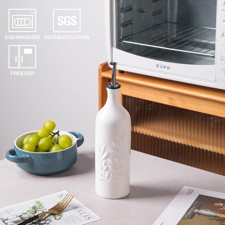 Sweejar Large Ceramic Olive Oil Dispenser Bottle, 24 Oz Relief Opaque Oil Cruet Protects Oil To Reduce Oxidation, Storage Oil, Vinegar, Soy Sauce, Coffee Syrup, Liquids, Set of 1 (White)