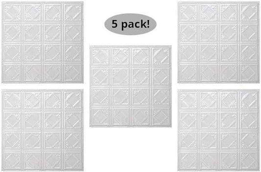 American Tin Ceilings Tin Backsplash [5-Pack with Trim Kit] in Pattern #19 and Bright White Gloss Color 24" x 24" (20 Sq Ft) for Kitchens | Genuine Tin | Made in The USA | Model: kit5-b-p19-wbg