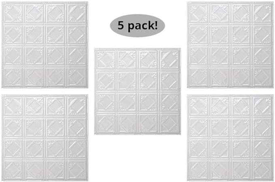American Tin Ceilings Tin Backsplash [5-Pack with Trim Kit] in Pattern #19 and Bright White Gloss Color 24" x 24" (20 Sq Ft) for Kitchens | Genuine Tin | Made in The USA | Model: kit5-b-p19-wbg