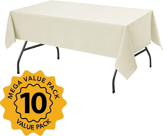 10-Pack Ivory Tablecloths for Rectangle Tables, 60 x 102 Inches, Stain-Resistant Polyester Fabric for 6 Foot Tables - Washable Table Covers for Weddings, Banquets, Birthday Parties, Events