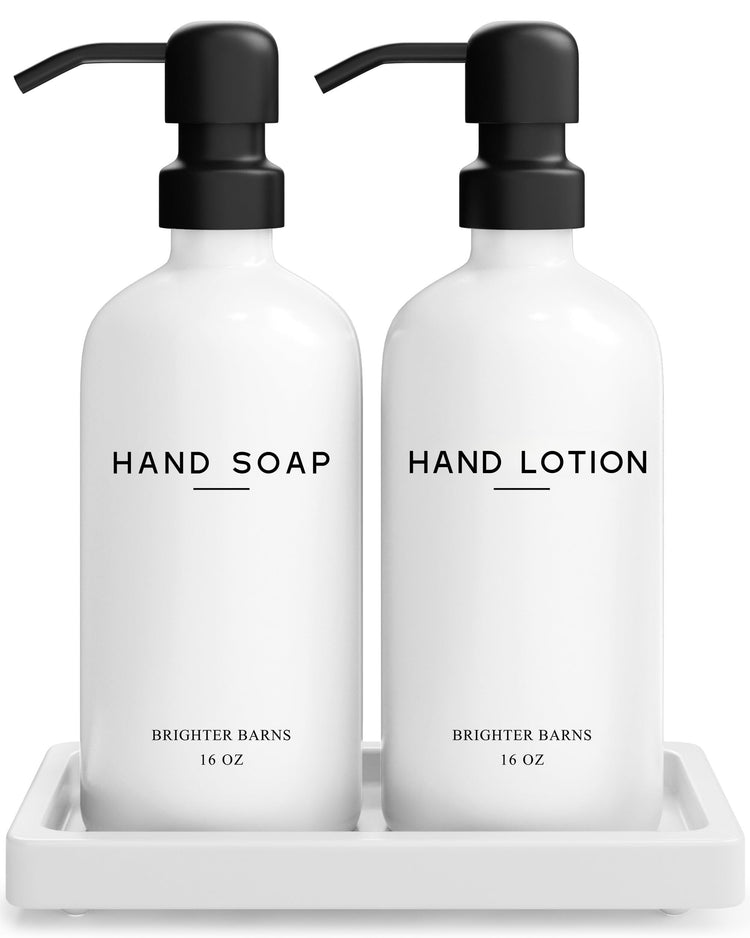 White Glass Soap and Lotion Dispenser Set with Tray by Brighter Barns